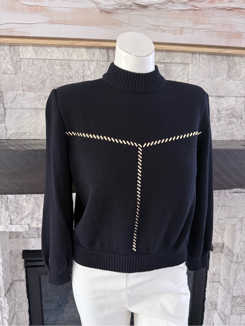 St. John Collection Black Gold Embellished Mock Neck Sweater S - Picture 2 of 8